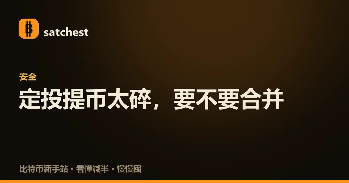 封面图：深色暖橙背景，satchest 标志下方是分类标签「安全」和大字标题「定投提币太碎，要不要合并」